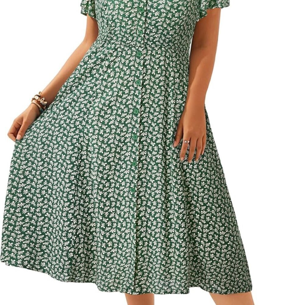 Plus Size Summer Dresses - Casual Work Boho Button Front Floral Midi Dress with
